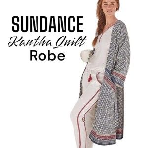 SUNDANCE CATALOG Sz M KANTHA Stitched Quilt Kimono Style Sleeves Open Front Robe